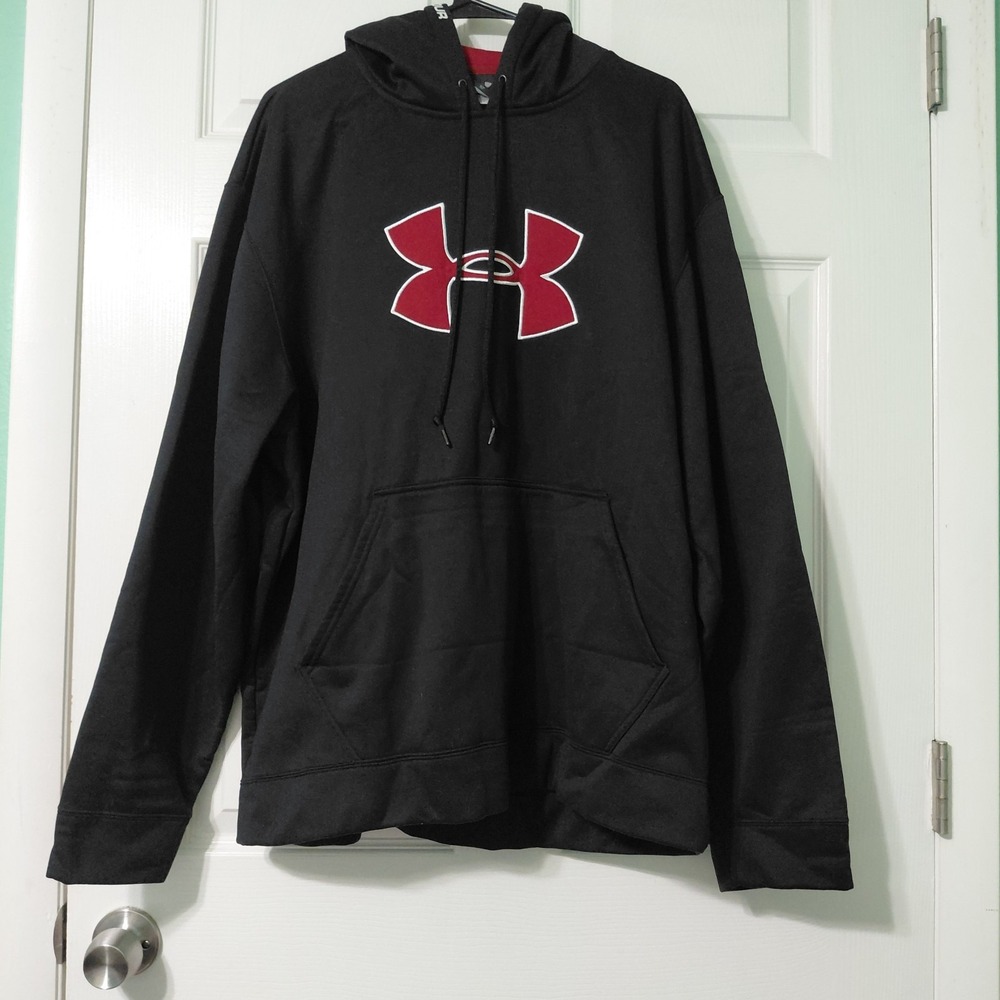 Under Armour Hoodie Mens Black Red Loose Logo Long Sleeve Fleece Sweatshirt XL - Picture 1 of 12